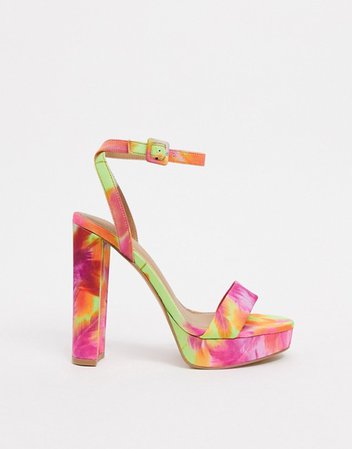 ASOS DESIGN Nutshell platform barely there heeled sandals in tropical print | ASOS