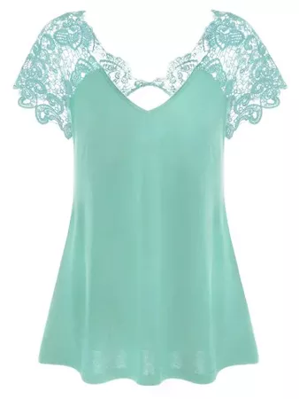 Mint 2xl V Neck Plus Size Lace Trim Cutwork T-shirt | RoseGal.com
