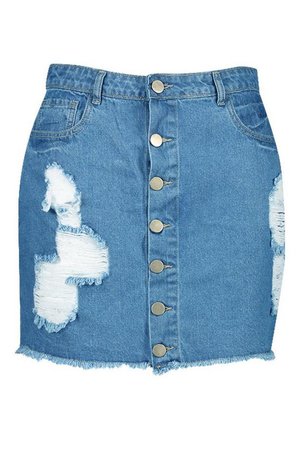 Plus Distressed Button Detail Denim Skirt | Boohoo