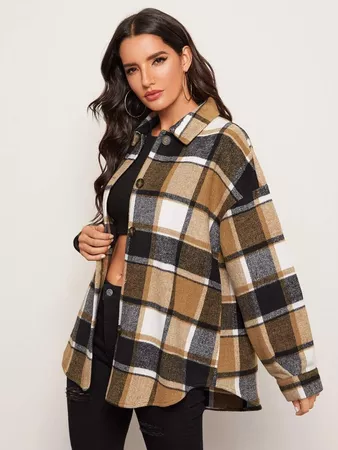 Collared Single Breasted Curved Hem Plaid Coat | SHEIN USA