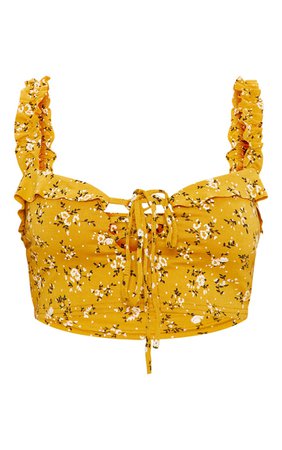 PLT Mustard Ditsy Floral Frill Detail Crop Top
