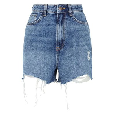Blue Frayed High Waist Mom Shorts | New Look
