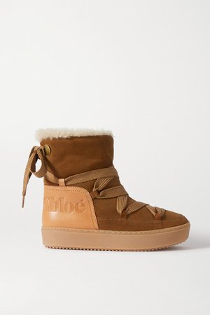 Leather-trimmed Suede And Shearling Ankle Boots - Tan