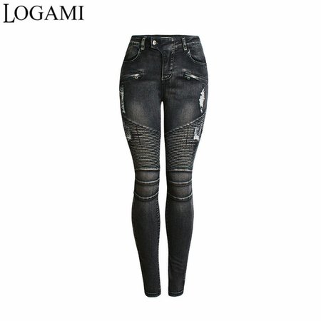 2019 LOGAMI Skinny Jeans Woman 2018 Ripped Moto Biker Pencil Jeans Womens Denim Pants Black From Yujiu, $42.23 | DHgate.Com