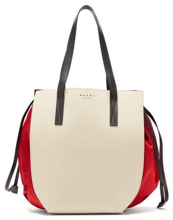 Gusset Leather And Shell Drawstring Tote Bag - Womens - White Multi