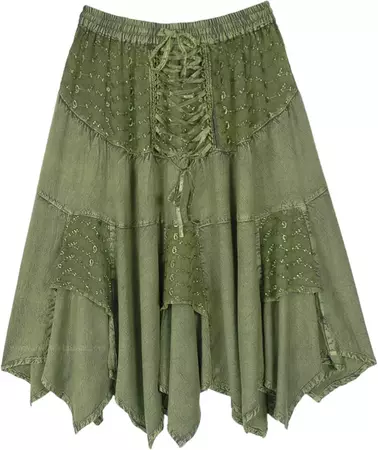 Vintage Green Hanky Hem Mid Length Rayon Skirt | Green | Handkerchief, Dance, Fall, Solid, Bohemian, Western-Skirts