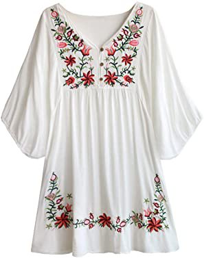 Women's Vintage Floral Embroidery Mexican Style Tunic Dresses Shirt Bohemian Flowy Shift Mini Dress Blouse : Clothing, Shoes & Jewelry