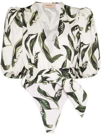 Shop white Adriana Degreas leaf print belted bodysuit with Express Delivery - Farfetch