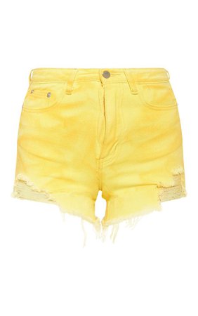 Washed Yellow Distressed Denim Mom Shorts | PrettyLittleThing
