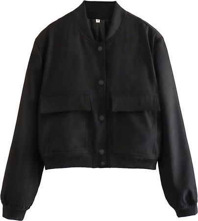 Amazon.com: Buenoble Crop Street Bomber Jacket Women Casual Button Up Solid Color Varsity Jacket with Two Big Pockets (0004-Black-M) : Clothing, Shoes & Jewelry