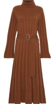 Belted Ribbed Merino Wool And Cashmere-blend Turtleneck Midi Dress