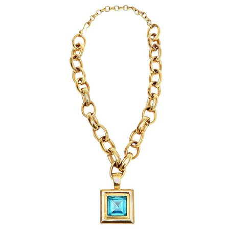 Givenchy Turquoise Chain and Glass Medallion Link Necklace Vintage