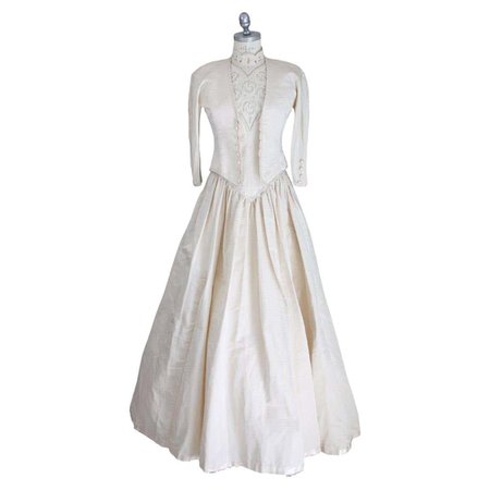 Vintage 80S Silk Beige Lace Wedding Dress For Sale at 1stDibs