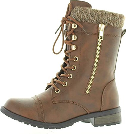 Amazon.com | Forever Link Womens Mango-31 Round Toe Military Lace Up Knit Ankle Cuff Low Heel Combat Boots | Ankle & Bootie