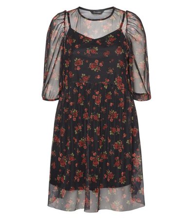 Black Floral Mesh Mini Smock Dress | New Look