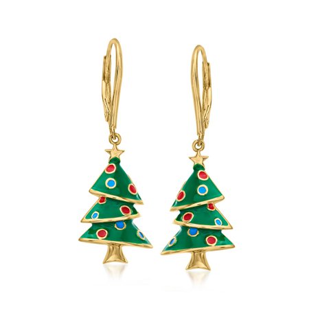 Multicolored Enamel Christmas Tree Drop Earrings in 18kt Gold Over Sterling | Ross-Simons