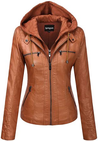 Springrain Women's Casual Stand Collar Detachable Hood PU Leather Jacket (X-Small, Brown) at Amazon Women's Coats Shop