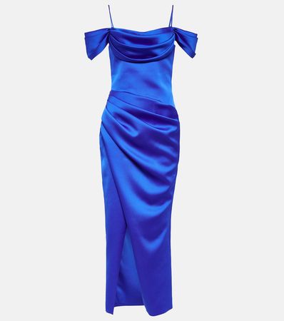 Draped Off Shoulder Satin Gown in Blue - Rasario | Mytheresa