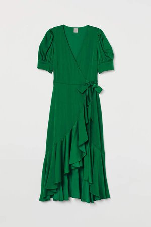 Satin Wrap-front Dress - Green