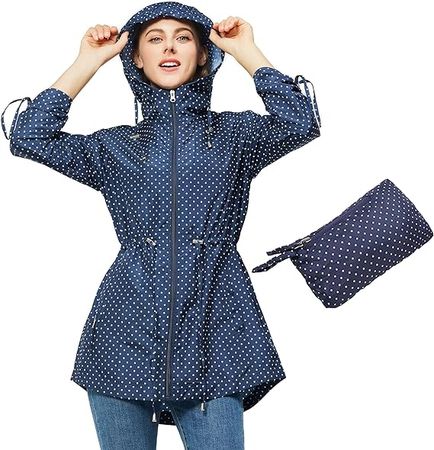 Amazon.com: TRATENBY Rain-Jacket Women-Waterproof Lightweight-Packable Hood-Raincoat — Travel Windbreaker Coat in A Pouch Polka Dot : Clothing, Shoes & Jewelry