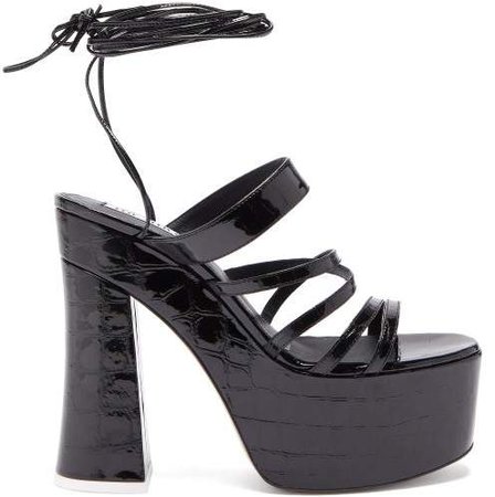 The Greta Crocodile Embossed Leather Platform Sandals - Womens - Black