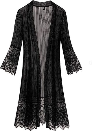 Tanming Women's Bathing Suit Cover Ups Lace Sheer 3/4 Sleeve Swimsuit Duster Cardigan at Amazon Women’s Clothing store