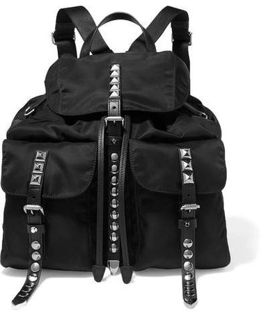 Studded Leather-trimmed Shell Backpack - Black