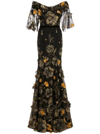 Shop black & gold Marchesa Notte floral appliquéd gown with Express Delivery - Farfetch