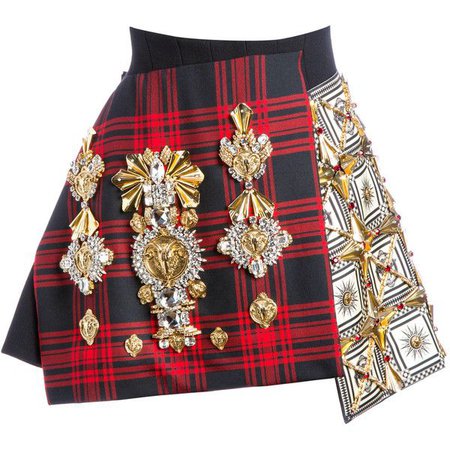 Fausto Puglisi Embroidered Panelled Tartan Wool Crepe Skirt