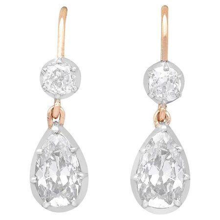 Antique 3.58 Carat Diamond and 9k Yellow Gold Drop Earrings, circa 1930 For Sale at 1stDibs