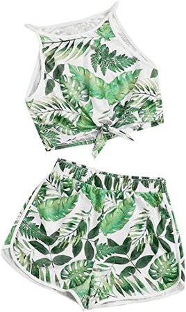 Amazon.com: Romwe Girl's 2 Piece Outfit Tropical Print Tie Hem Cami Crop Top and Shorts Set Purple Floral 9Y: Clothing, Shoes & Jewelry