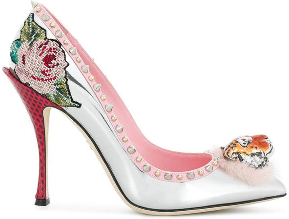 tiger front stud and floral detailed pumps
