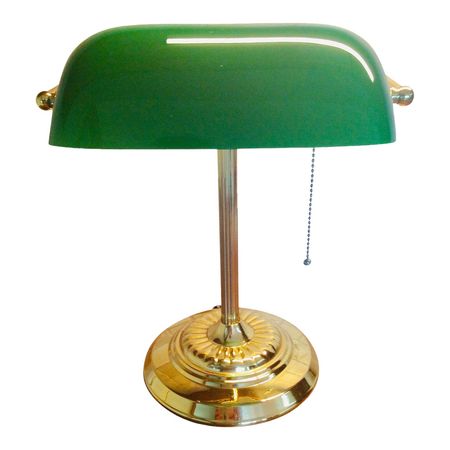 1960s Vintage Emeraldite Shade Brass Banker Lamp | Chairish