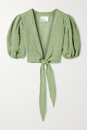 Green Pouf cropped tie-front linen-blend gauze top | Lisa Marie Fernandez | NET-A-PORTER