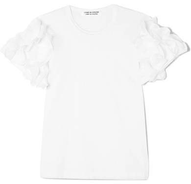 Mesh-trimmed Cotton-jersey T-shirt - White