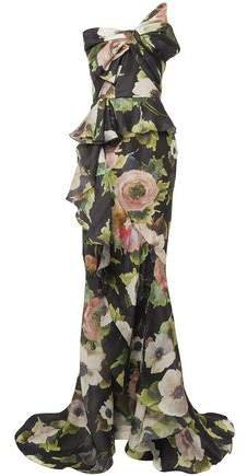 Strapless Bow-embellished Floral-print Silk-moire Gown
