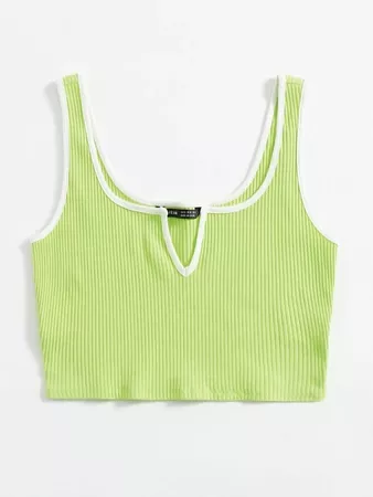 Contrast Binding Notch Neck Rib-knit Crop Tank Top | SHEIN USA green