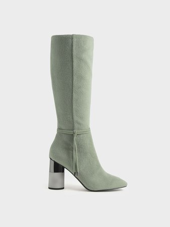 Sage Green Concrete Heel Knee-High Boots