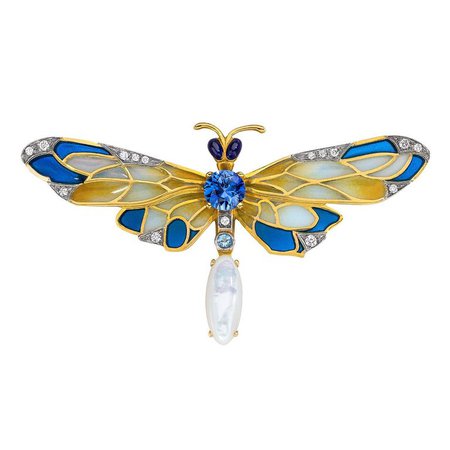 Masriera 18 Karat Gold Enamel, Diamond and Precious Stone Dragonfly Brooch For Sale at 1stdibs