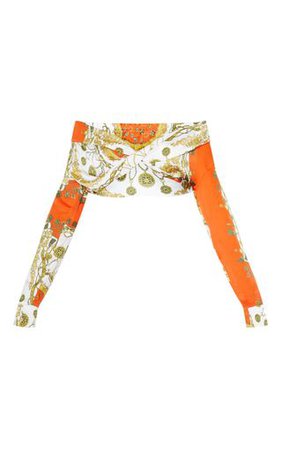 Orange Chain Print Bardot Twist Front Blouse | PrettyLittleThing