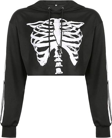 Women's Skeleton Print Crop Top Gothic Punk Hoodies Bandage Casual Pullover Long Sleeve Relaxed Fit Sweatshirts at Amazon Women’s Clothing store