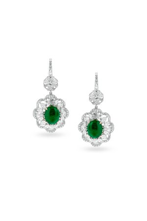 Emerald Cabochon and Diamond Earrings