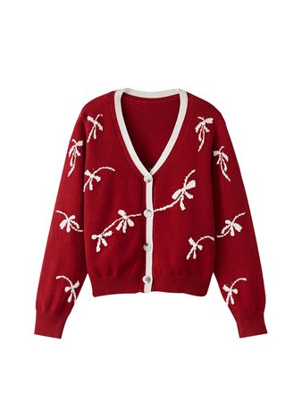 red cardigan with white bows
