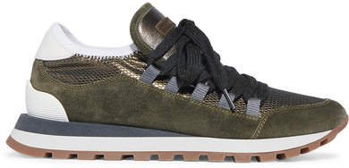 Metallic Mesh, Leather And Suede Sneakers - Forest green