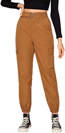 Milumia Women's Casual High Waist Belted Pocket Solid Cropped Cargo Pants Brown Large at Amazon Women’s Clothing store
