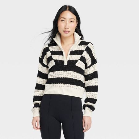 Women's Quarter Zip Mock Turtleneck Pullover Sweater - A New Day™ Black/white Striped L : Target