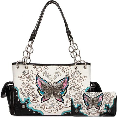 Western Style Spring Butterfly Flower Concealed Carry Purse Women Country Handbag Shoulder Bag Wallet Set (#2 Black Set)