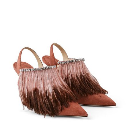 Dark Blush Suede Slingback Heels with Ostrich Feather and Crystal Trim |AMBRE 100 |Cruise '20 |JIMMY CHOO