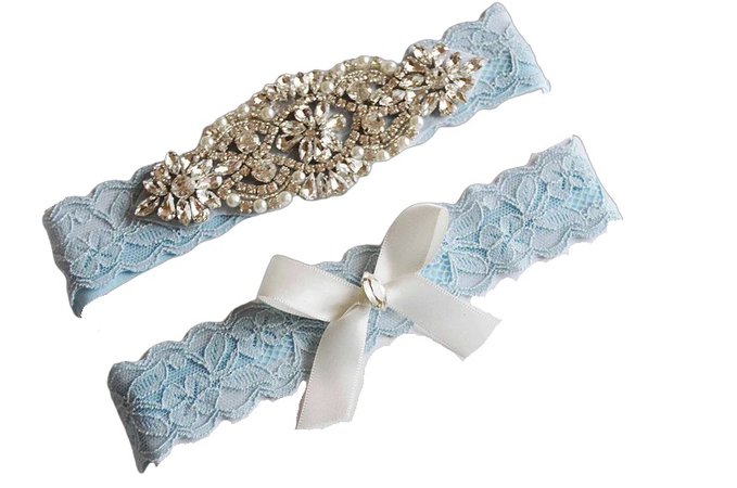 Blue Wedding Garter, Blue Garter, Blue Lace Silver Crystal Garter Set, Bridal Garter Set