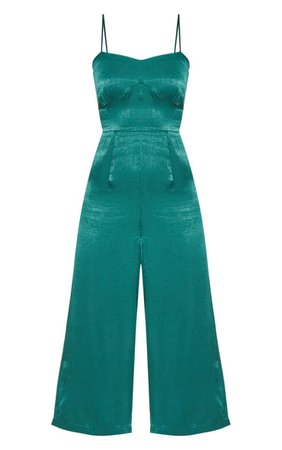 Emerald Green Satin Culotte Jumpsuit | PrettyLittleThing